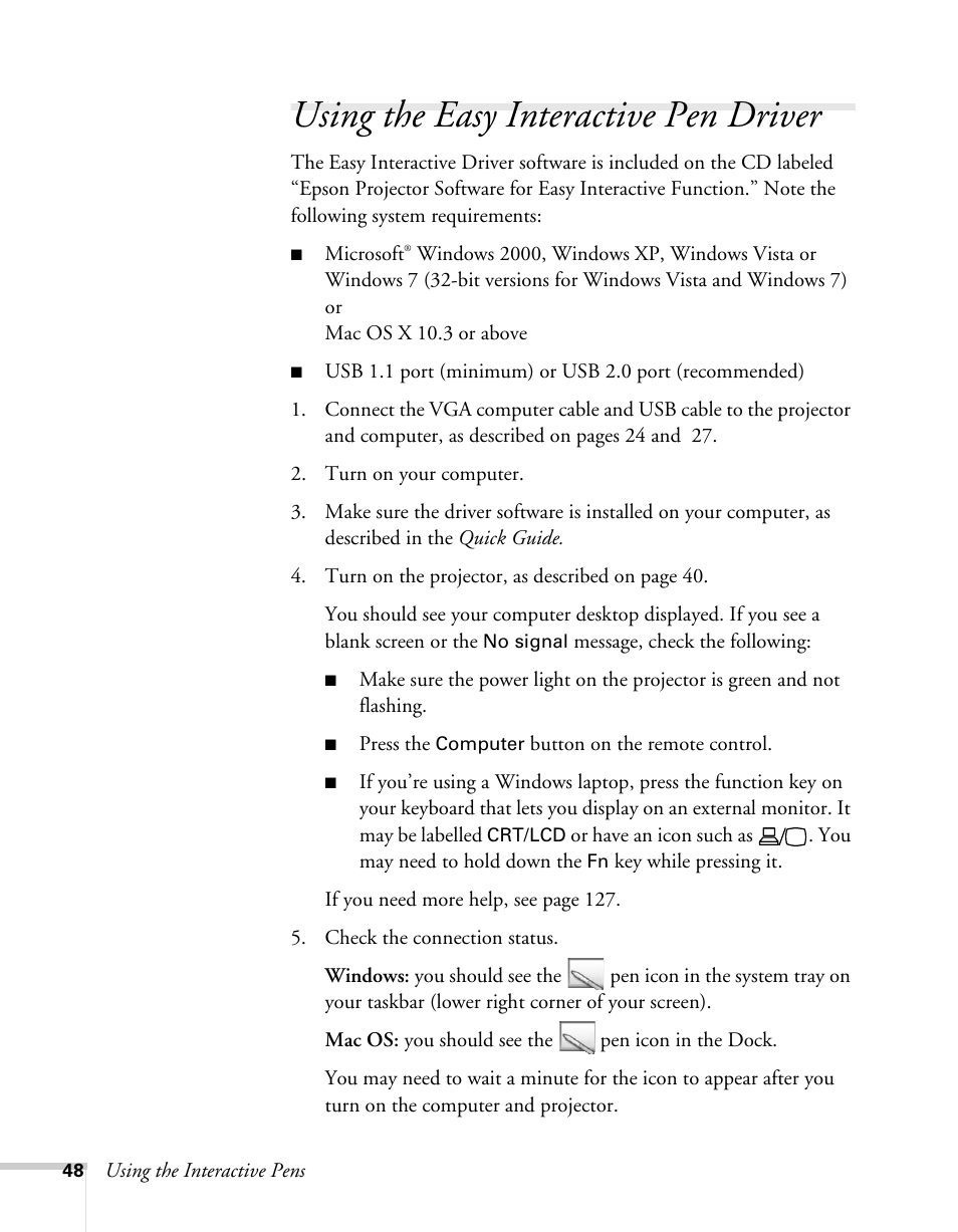 Using the easy interactive pen driver | Epson BrightLink 450Wi User Manual | Page 48 / 186
