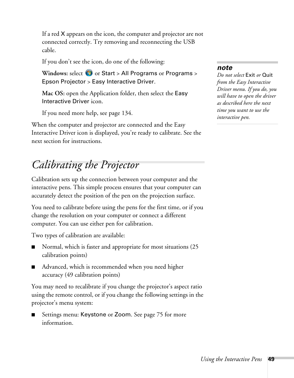 Calibrating the projector | Epson BrightLink 450Wi User Manual | Page 49 / 186