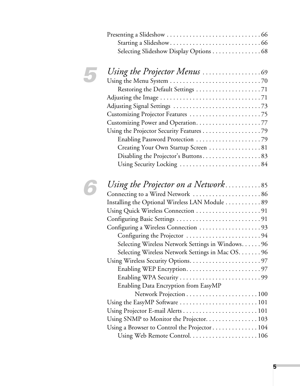 Using the projector menus, Using the projector on a network | Epson BrightLink 450Wi User Manual | Page 5 / 186
