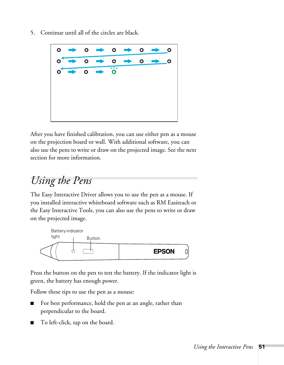 Using the pens | Epson BrightLink 450Wi User Manual | Page 51 / 186
