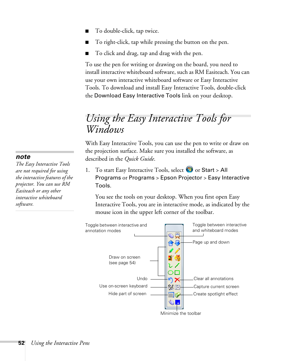 Using the easy interactive tools for windows | Epson BrightLink 450Wi User Manual | Page 52 / 186