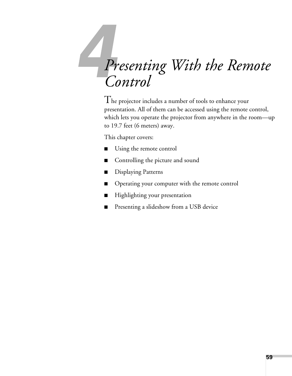Presenting with the remote control | Epson BrightLink 450Wi User Manual | Page 59 / 186