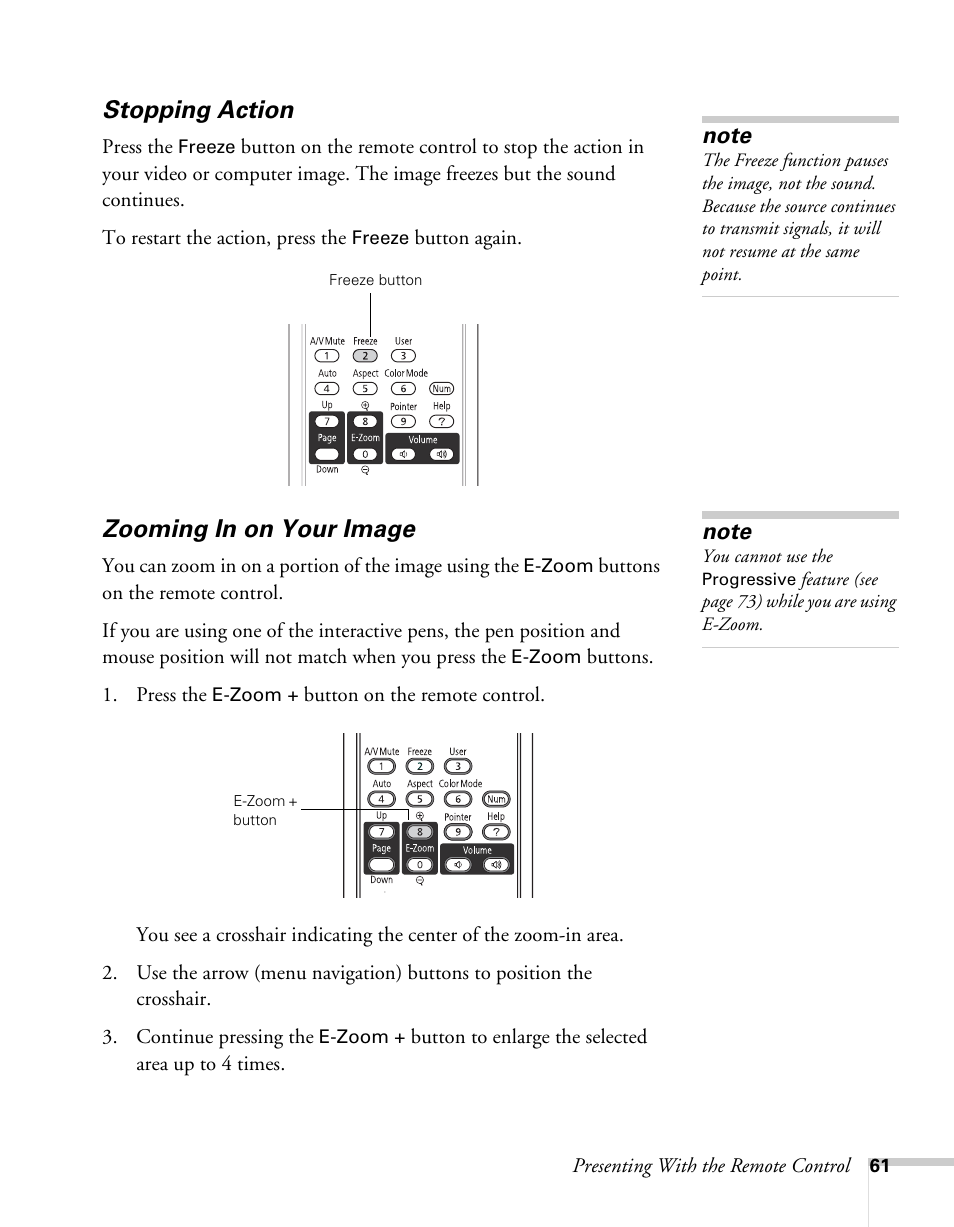 Stopping action, Zooming in on your image, Stopping action zooming in on your image | Epson BrightLink 450Wi User Manual | Page 61 / 186