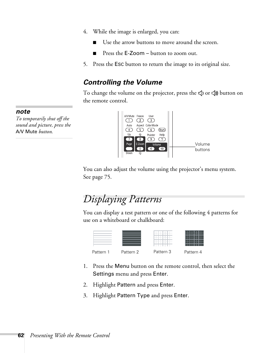 Controlling the volume, Displaying patterns | Epson BrightLink 450Wi User Manual | Page 62 / 186