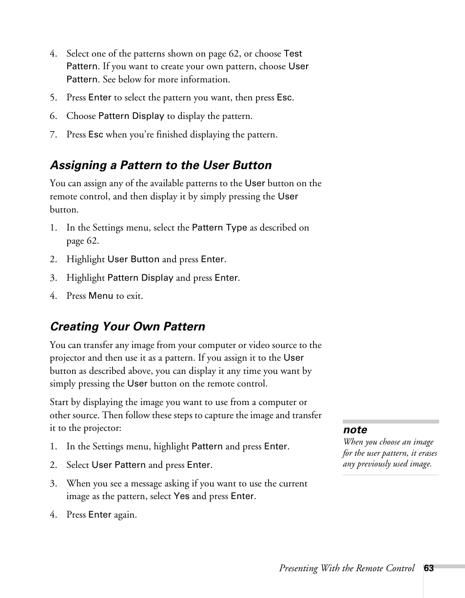 Assigning a pattern to the user button, Creating your own pattern | Epson BrightLink 450Wi User Manual | Page 63 / 186