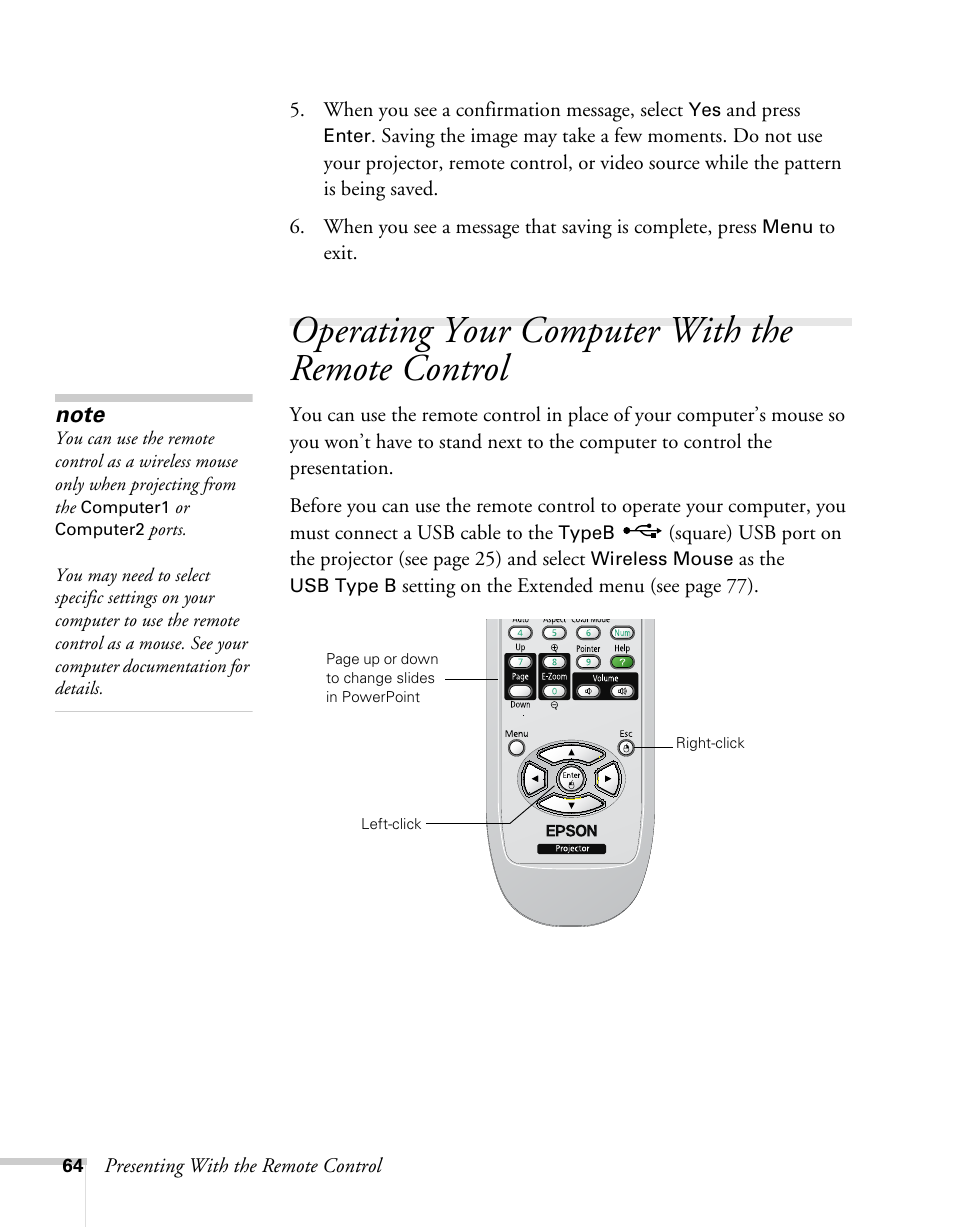 Operating your computer with the remote control | Epson BrightLink 450Wi User Manual | Page 64 / 186