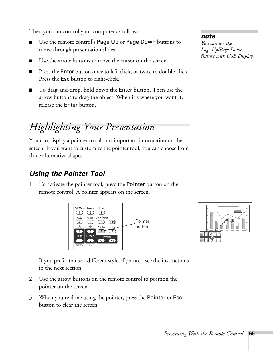 Highlighting your presentation, Using the pointer tool | Epson BrightLink 450Wi User Manual | Page 65 / 186