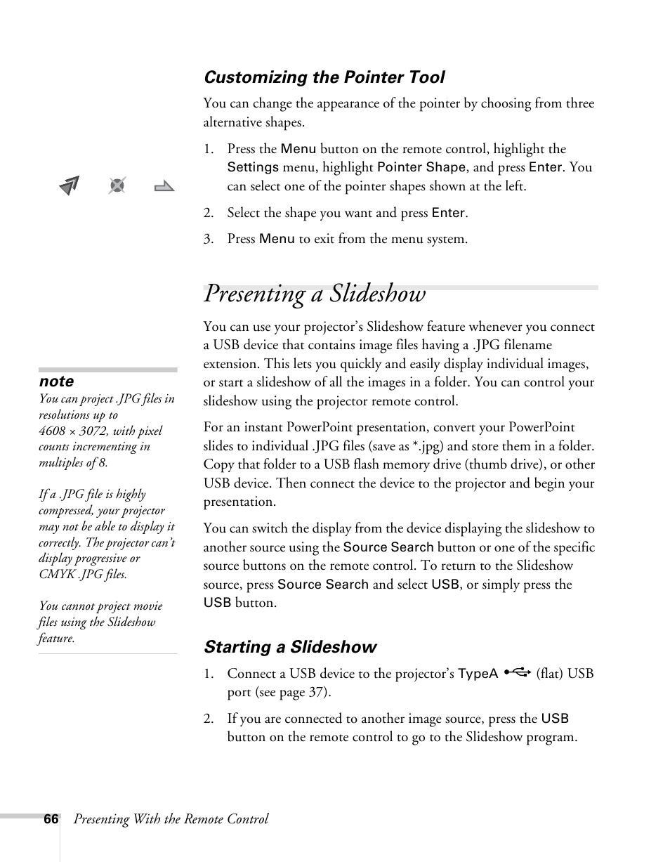 Customizing the pointer tool, Presenting a slideshow, Starting a slideshow | Presenting a slideshow from a usb device | Epson BrightLink 450Wi User Manual | Page 66 / 186