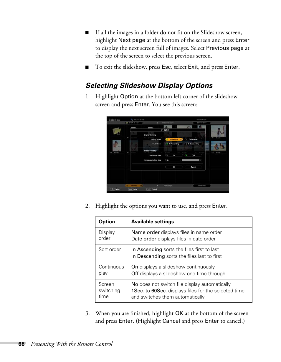 Selecting slideshow display options | Epson BrightLink 450Wi User Manual | Page 68 / 186