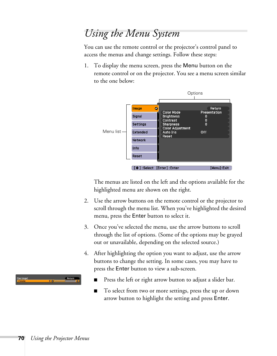 Using the menu system | Epson BrightLink 450Wi User Manual | Page 70 / 186