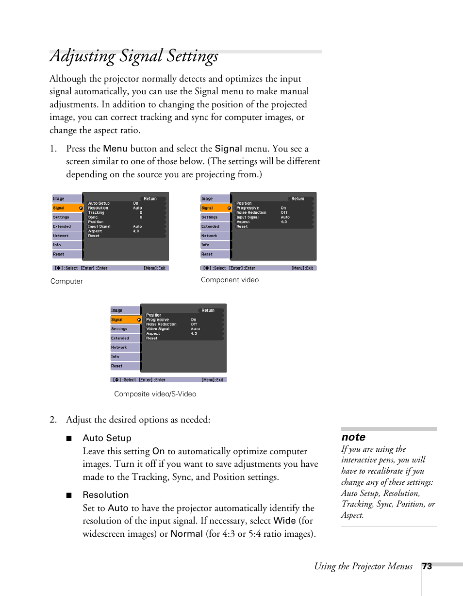 Adjusting signal settings | Epson BrightLink 450Wi User Manual | Page 73 / 186