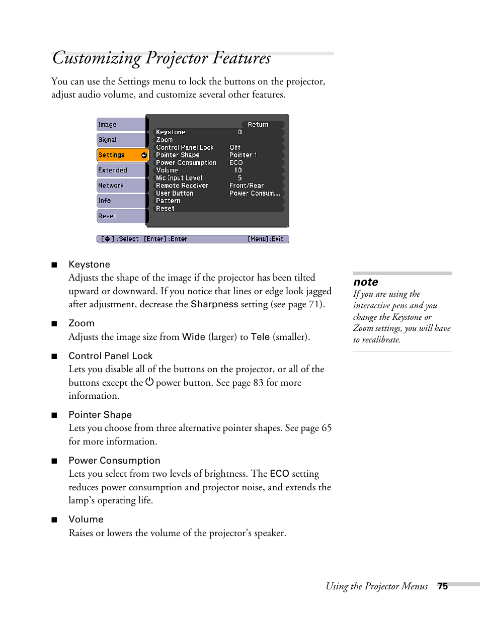 Customizing projector features | Epson BrightLink 450Wi User Manual | Page 75 / 186