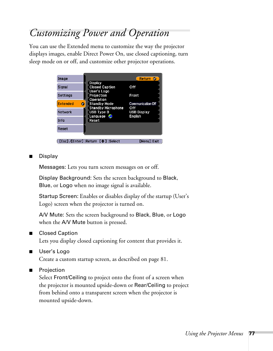 Customizing power and operation | Epson BrightLink 450Wi User Manual | Page 77 / 186