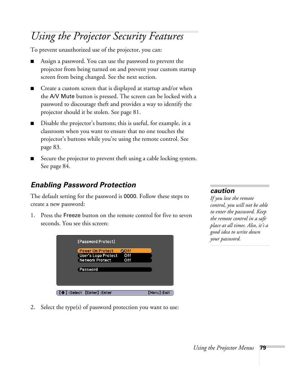 Using the projector security features, Enabling password protection | Epson BrightLink 450Wi User Manual | Page 79 / 186