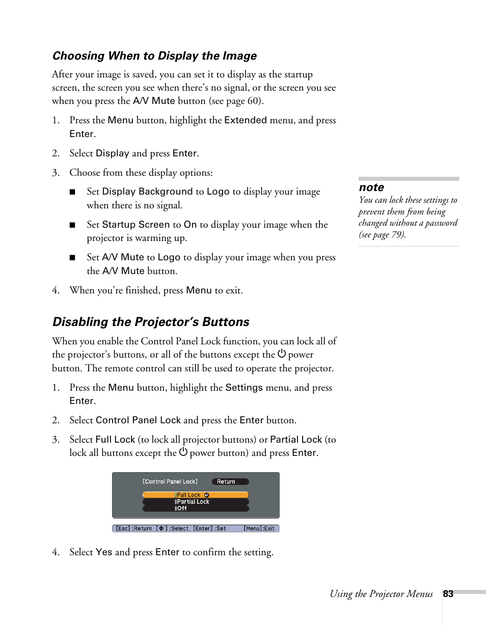 Disabling the projector’s buttons | Epson BrightLink 450Wi User Manual | Page 83 / 186