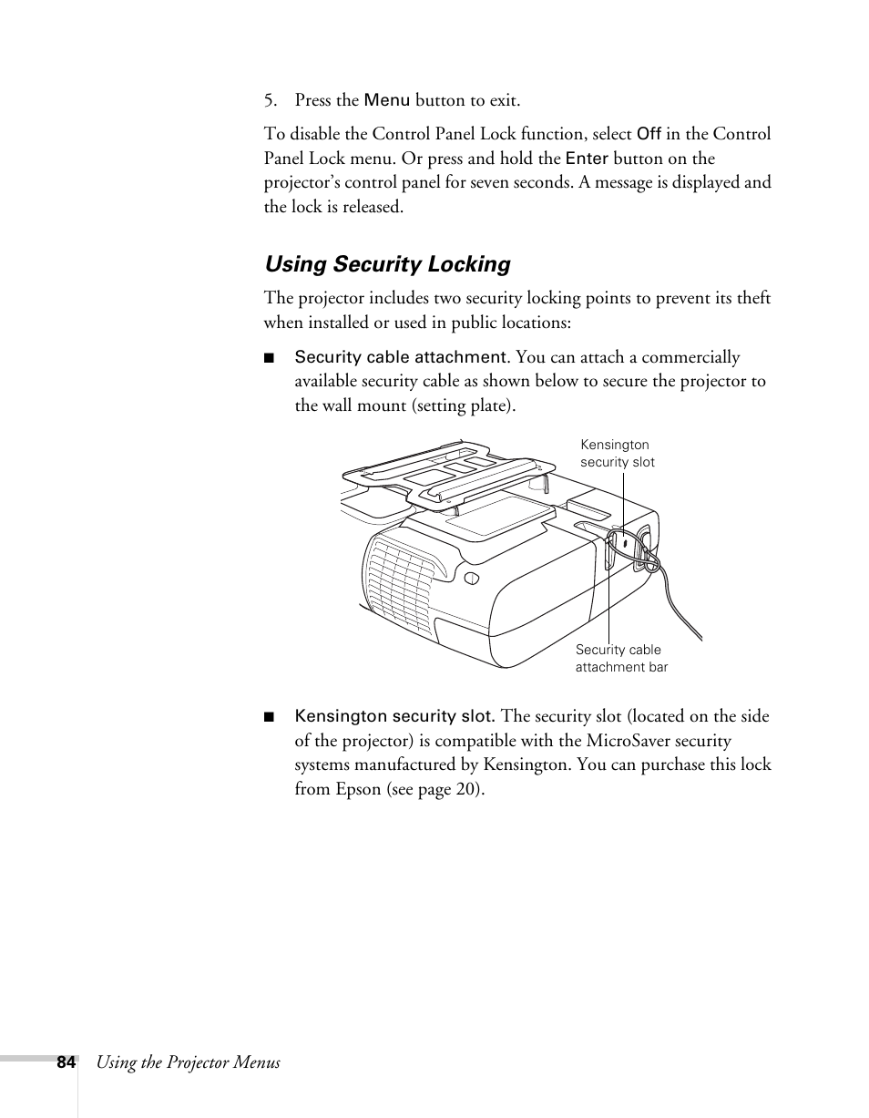 Using security locking | Epson BrightLink 450Wi User Manual | Page 84 / 186