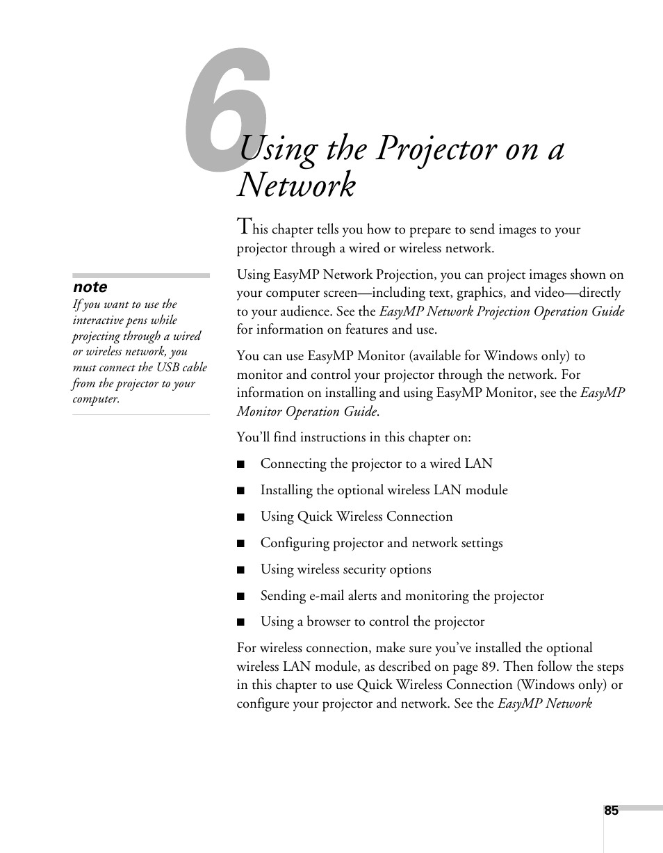 Using the projector on a network | Epson BrightLink 450Wi User Manual | Page 85 / 186