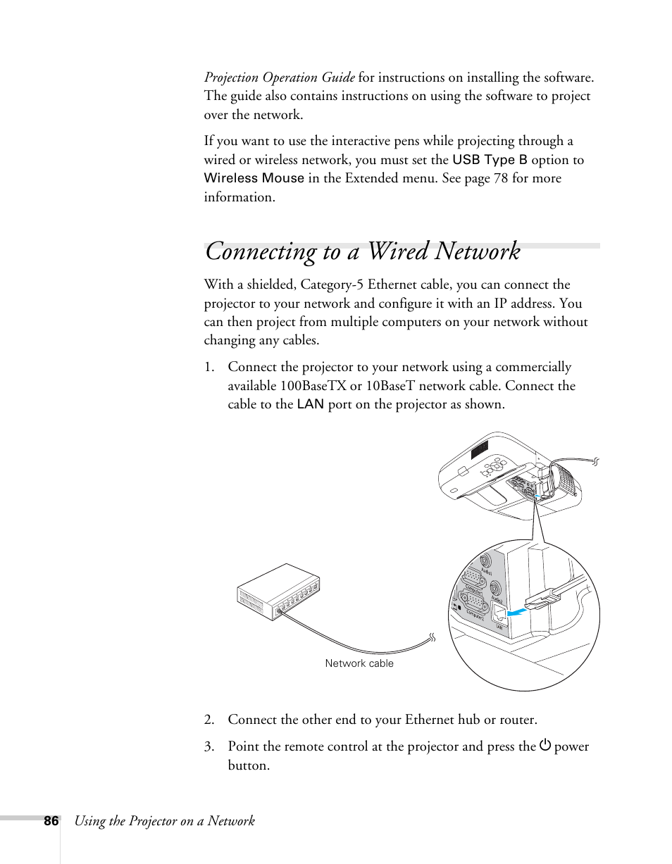 Connecting to a wired network, Connecting the projector to a wired lan | Epson BrightLink 450Wi User Manual | Page 86 / 186