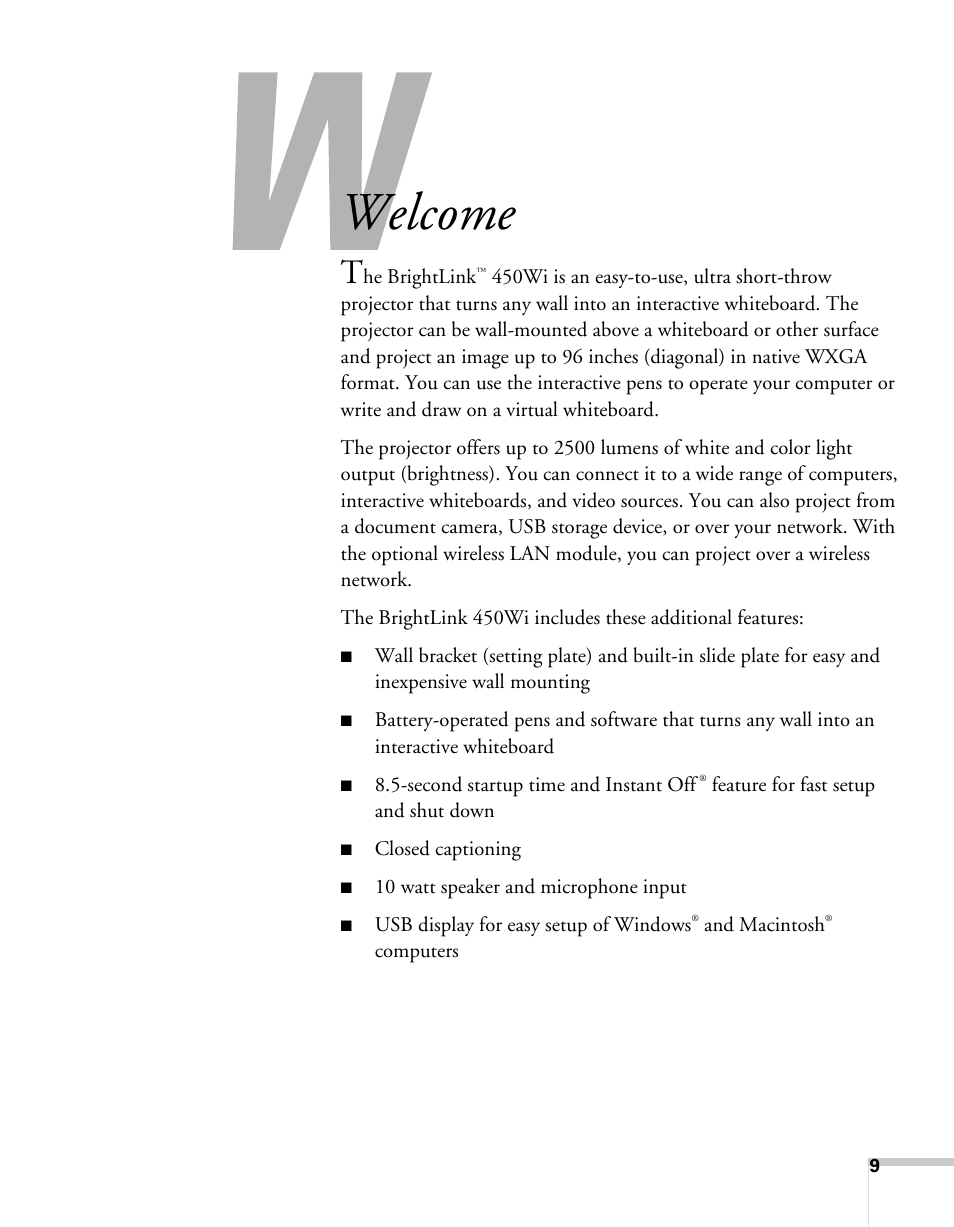 Welcome | Epson BrightLink 450Wi User Manual | Page 9 / 186