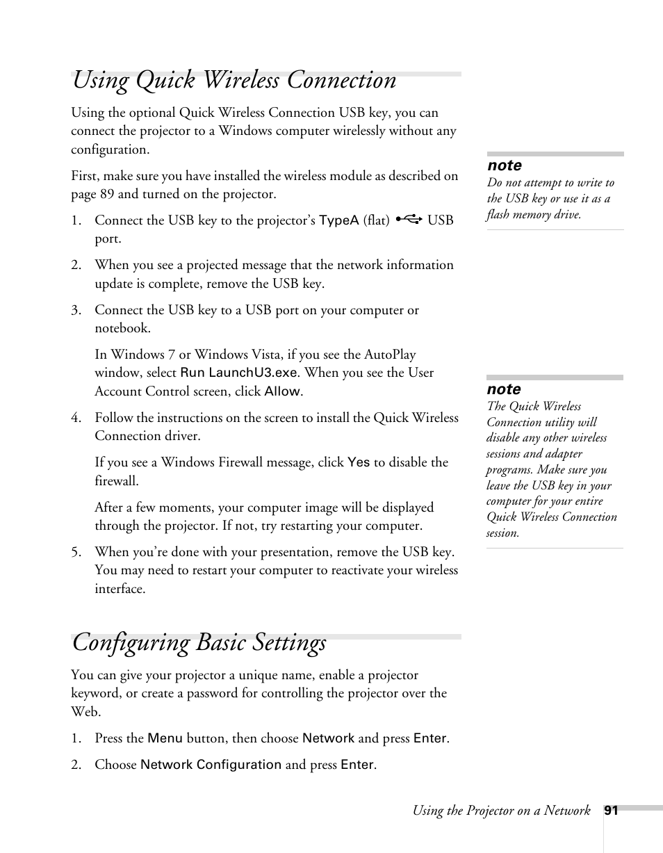 Using quick wireless connection, Configuring basic settings, Configuring projector and network settings | Epson BrightLink 450Wi User Manual | Page 91 / 186