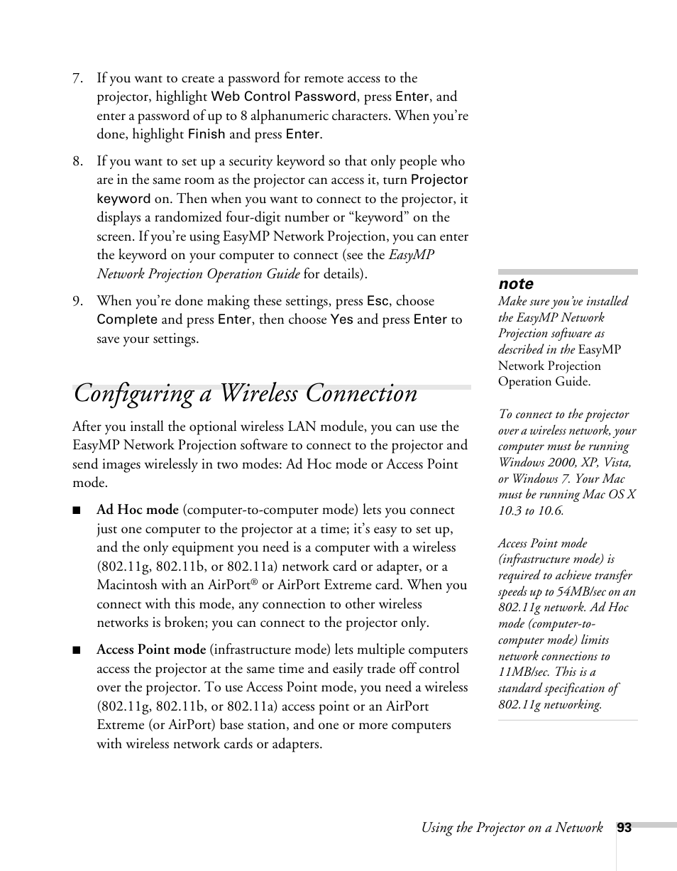 Configuring a wireless connection | Epson BrightLink 450Wi User Manual | Page 93 / 186