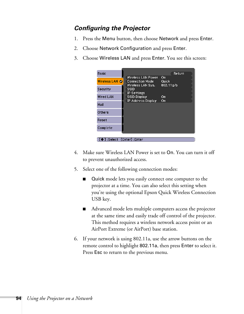Configuring the projector | Epson BrightLink 450Wi User Manual | Page 94 / 186