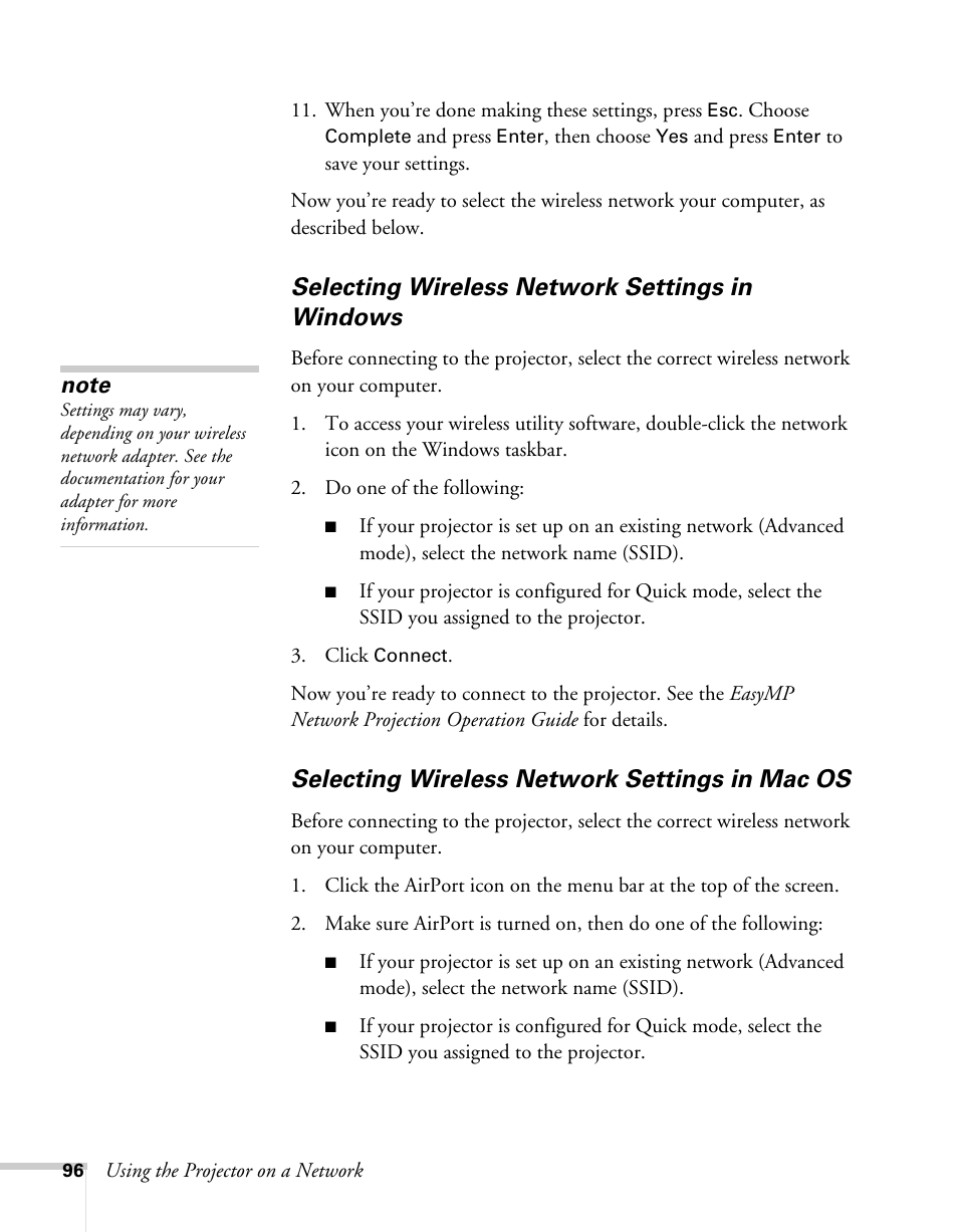 Selecting wireless network settings in windows, Selecting wireless network settings in mac os | Epson BrightLink 450Wi User Manual | Page 96 / 186