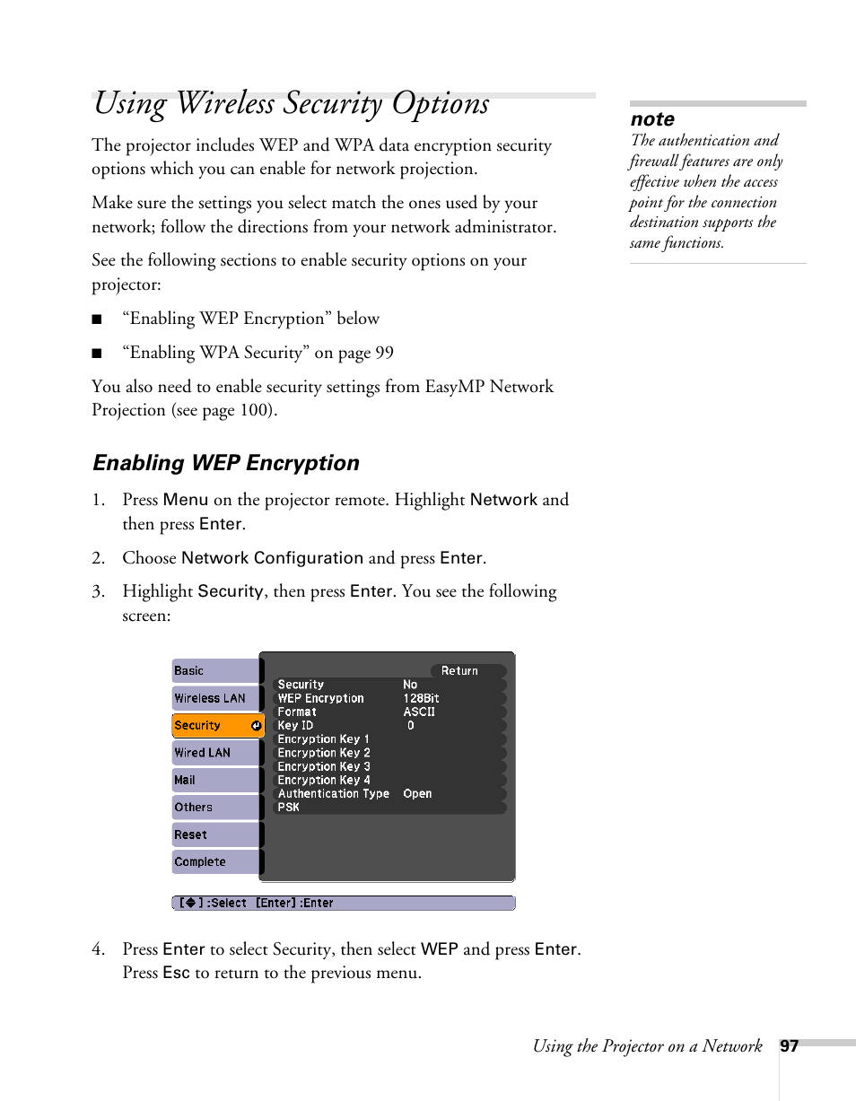 Using wireless security options, Enabling wep encryption | Epson BrightLink 450Wi User Manual | Page 97 / 186