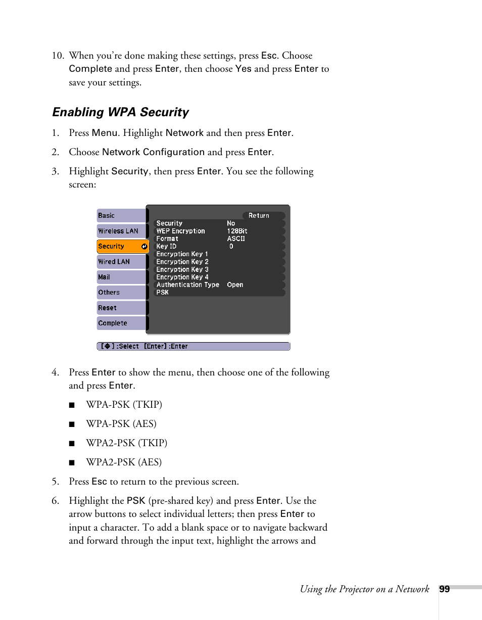 Enabling wpa security | Epson BrightLink 450Wi User Manual | Page 99 / 186