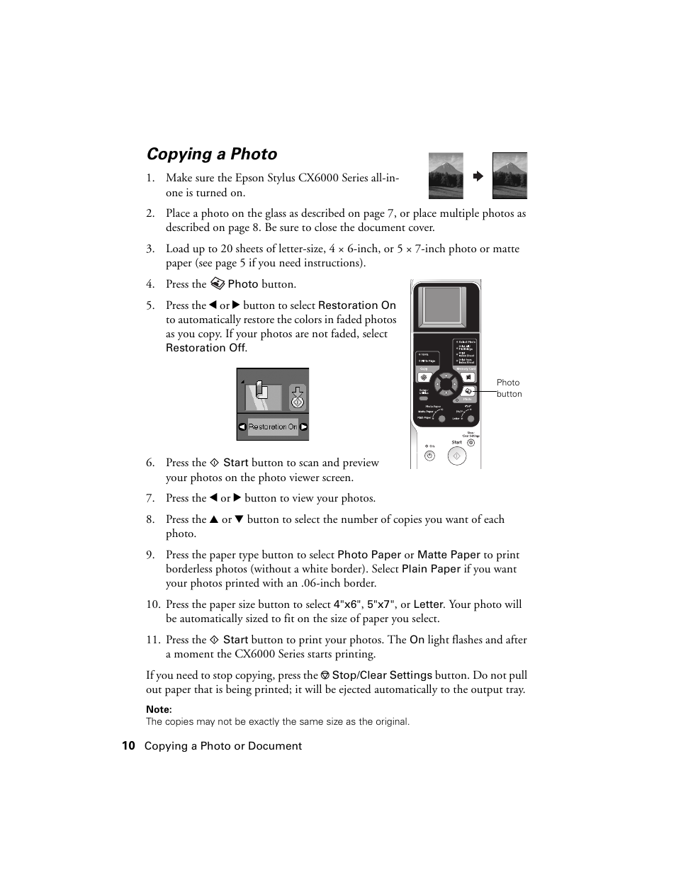 Copying a photo | Epson CX6000 User Manual | Page 10 / 56