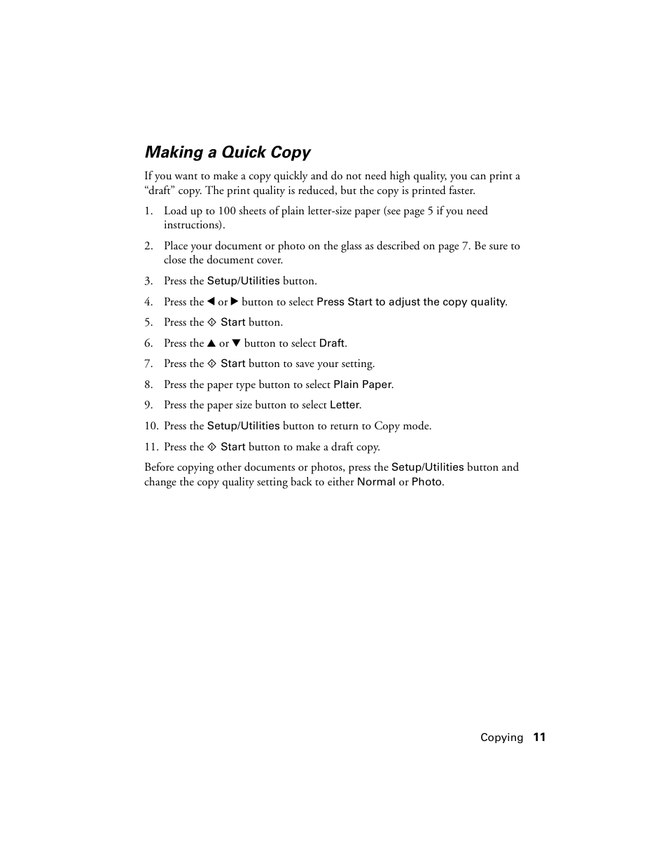 Making a quick copy | Epson CX6000 User Manual | Page 11 / 56
