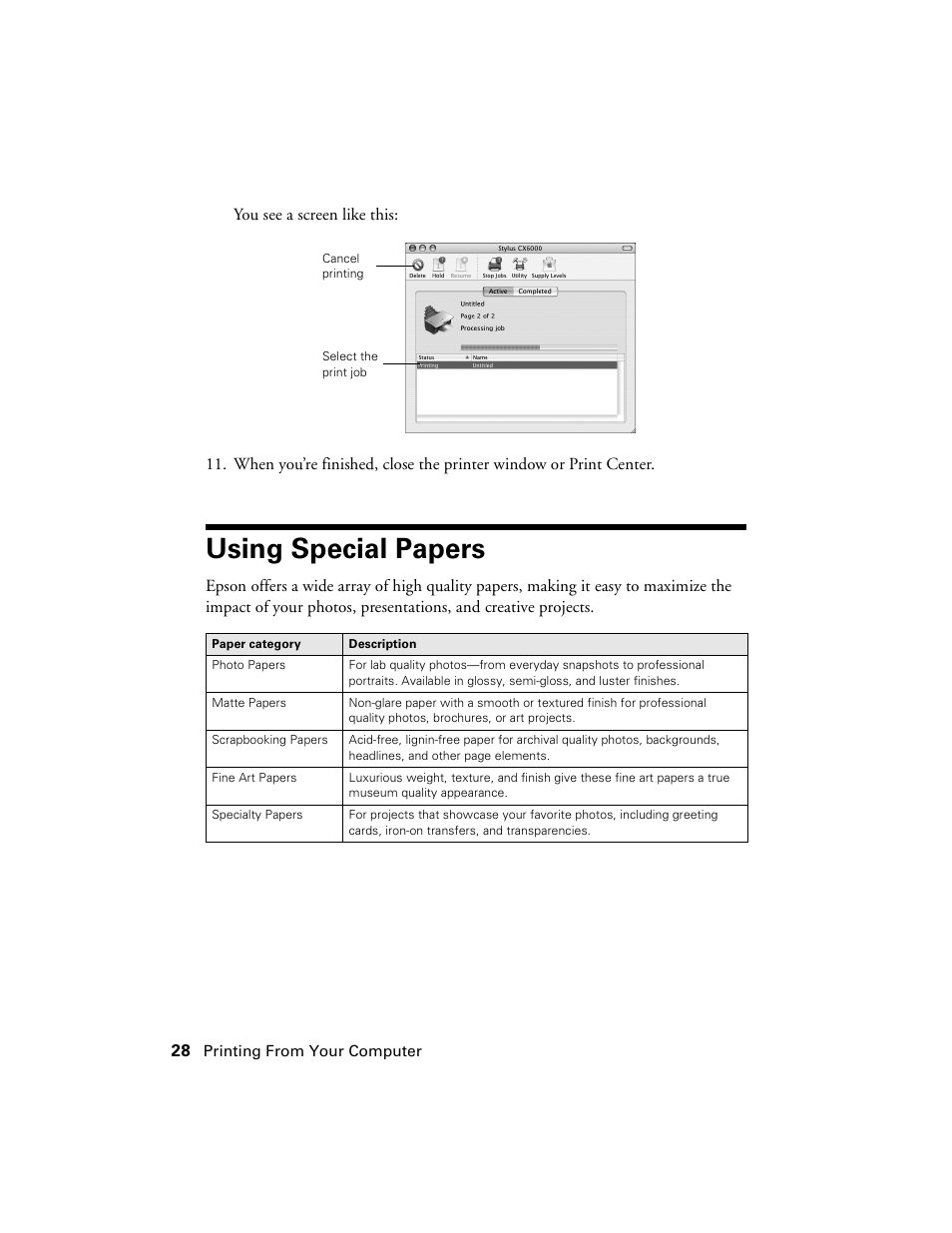 Using special papers | Epson CX6000 User Manual | Page 28 / 56