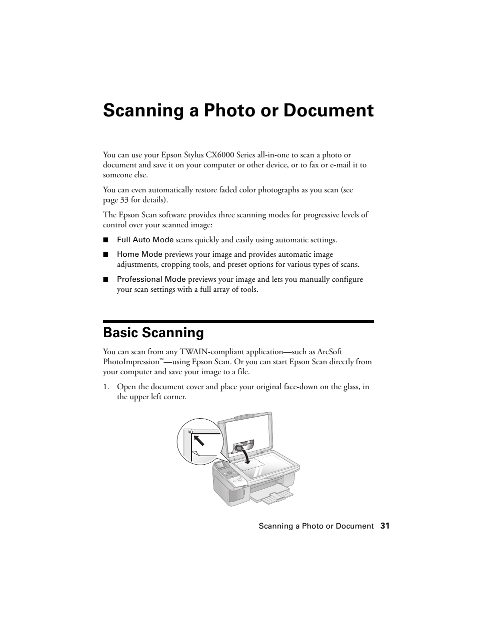 Scanning a photo or document, Basic scanning | Epson CX6000 User Manual | Page 31 / 56
