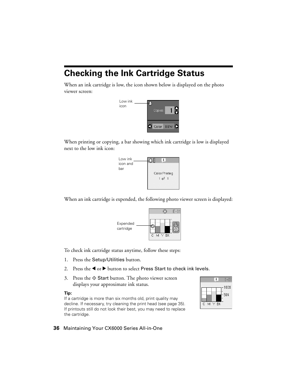 Checking the ink cartridge status | Epson CX6000 User Manual | Page 36 / 56