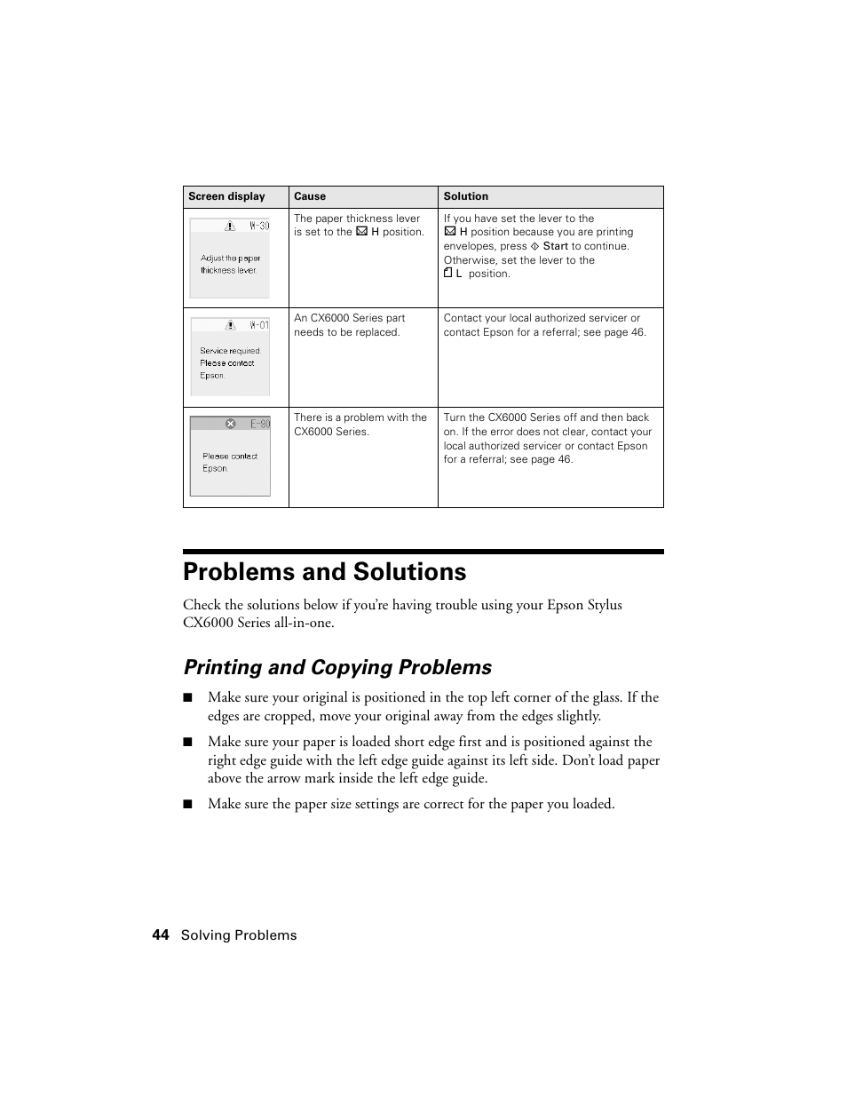 Problems and solutions, Printing and copying problems | Epson CX6000 User Manual | Page 44 / 56