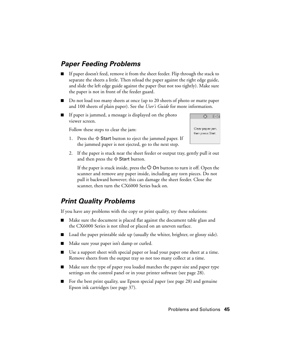 Paper feeding problems, Print quality problems | Epson CX6000 User Manual | Page 45 / 56