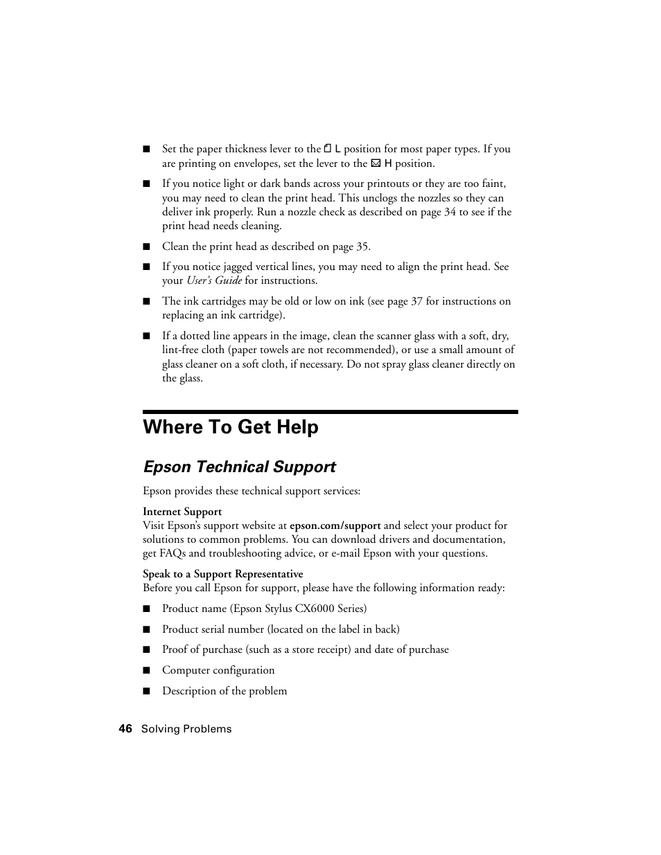 Where to get help, Epson technical support | Epson CX6000 User Manual | Page 46 / 56