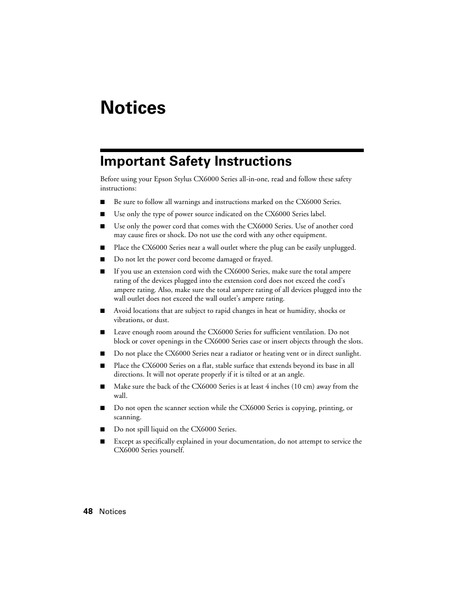 Notices, Important safety instructions | Epson CX6000 User Manual | Page 48 / 56