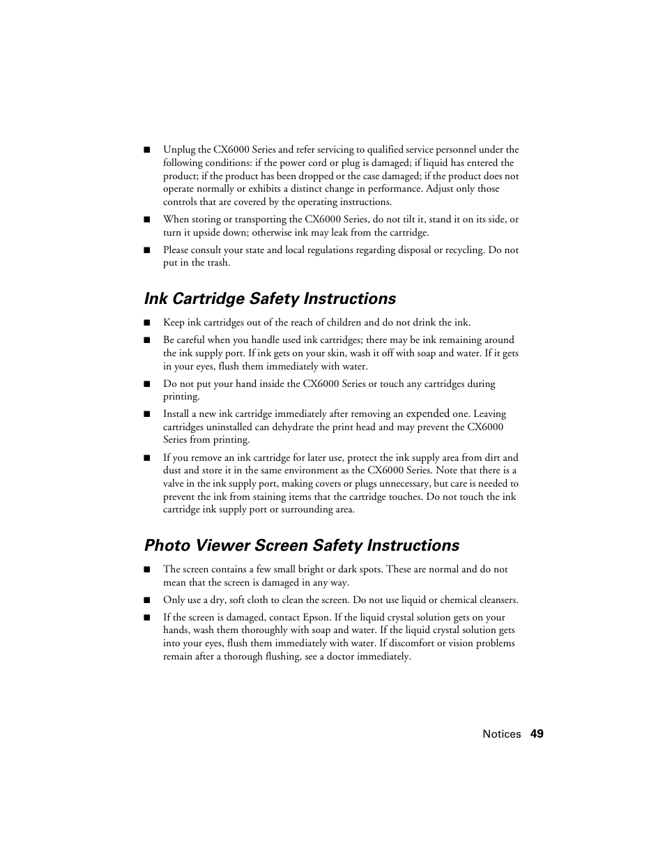 Ink cartridge safety instructions, Photo viewer screen safety instructions | Epson CX6000 User Manual | Page 49 / 56