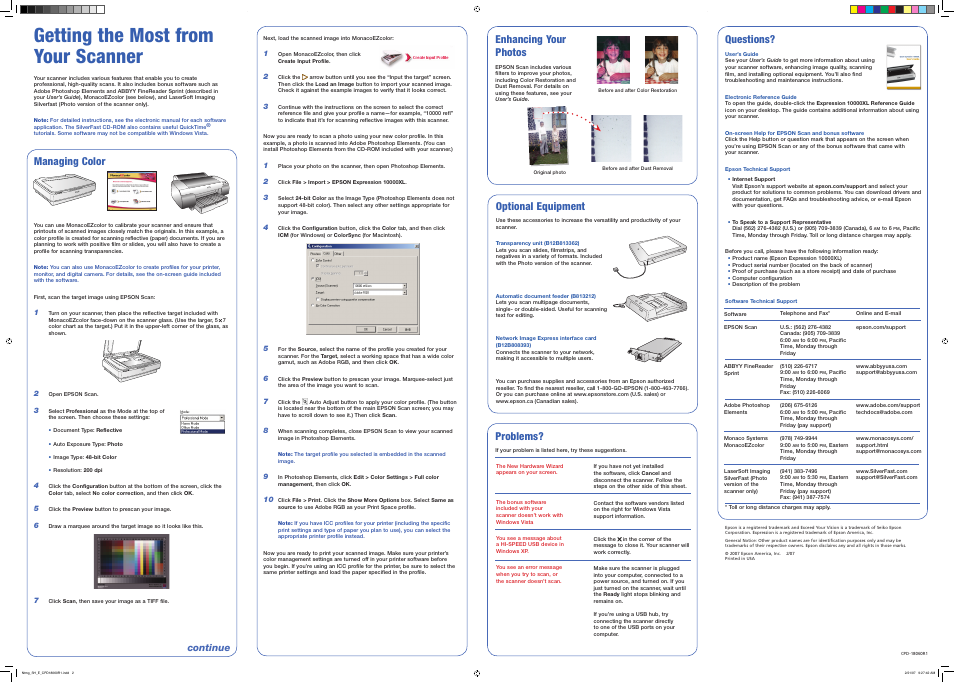 Getting the most from your scanner, Managing color, Enhancing your photos | Questions, Optional equipment, Problems, Continue | Epson EXPRESSION 10000XL User Manual | Page 5 / 8