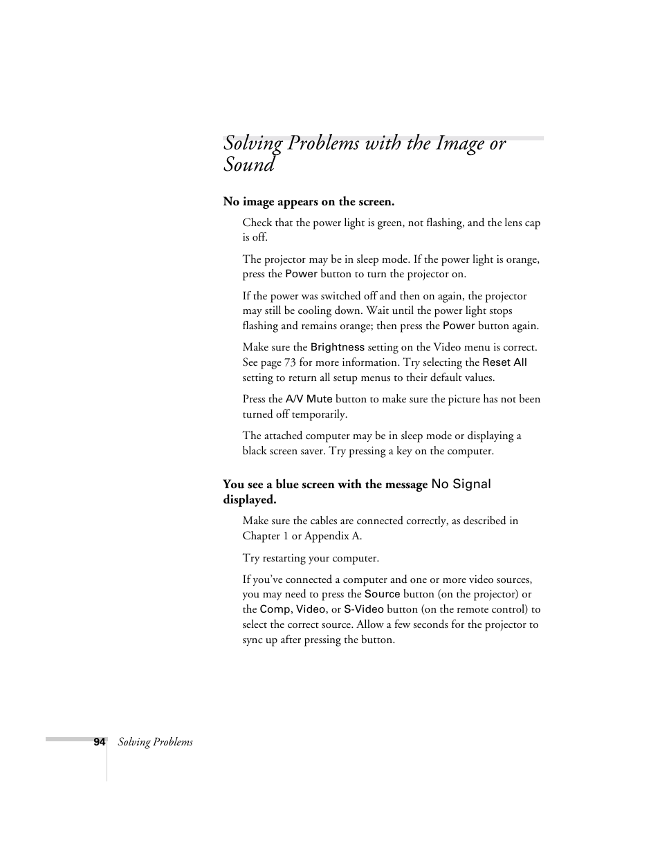 Solving problems with the image or sound | Epson 715c User Manual | Page 103 / 141