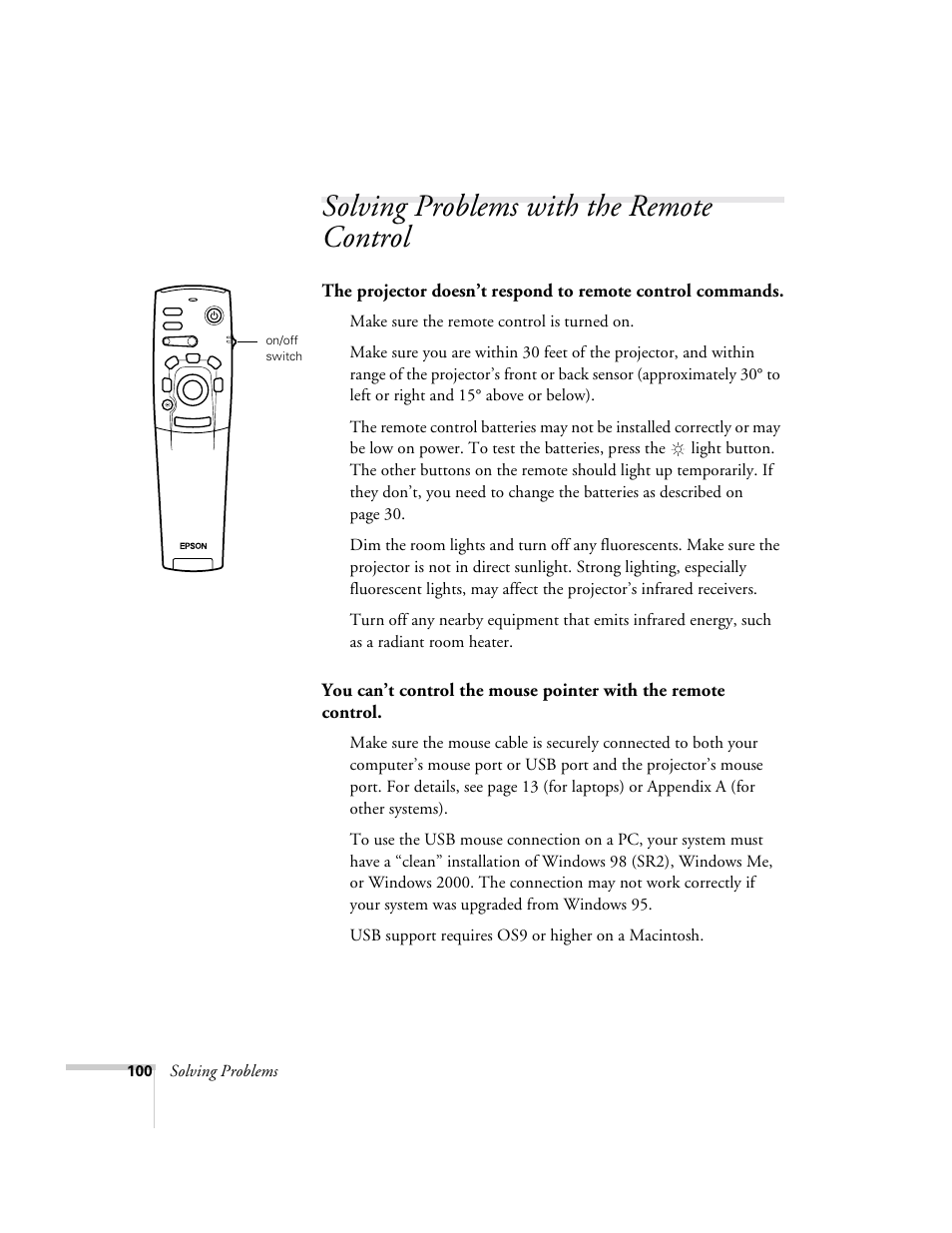 Solving problems with the remote control, Solving problems, Make sure the remote control is turned on | Epson 715c User Manual | Page 109 / 141