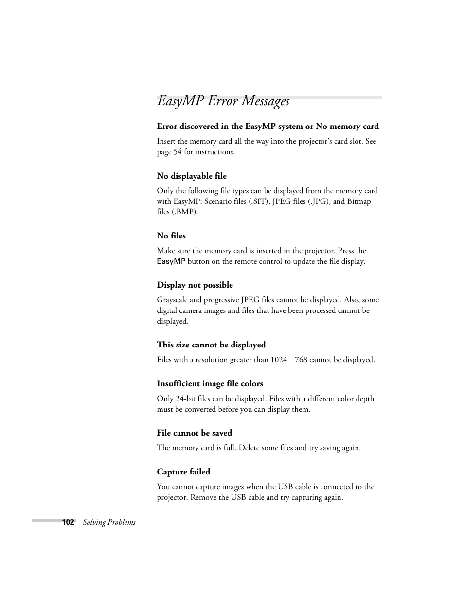Easymp error messages | Epson 715c User Manual | Page 111 / 141