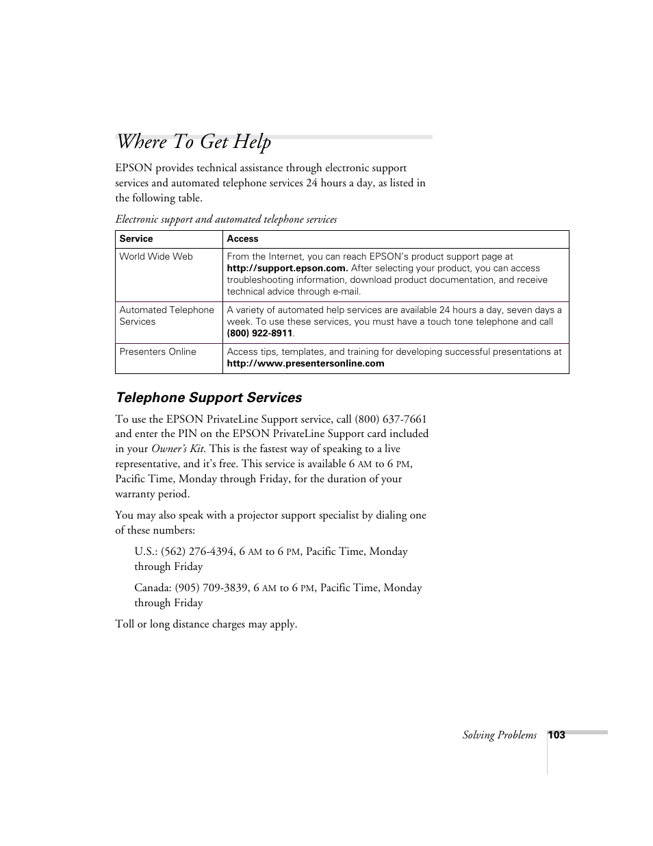 Where to get help, Telephone support services | Epson 715c User Manual | Page 112 / 141