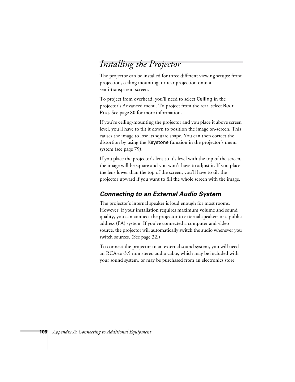 Installing the projector, Connecting to an external audio system | Epson 715c User Manual | Page 115 / 141