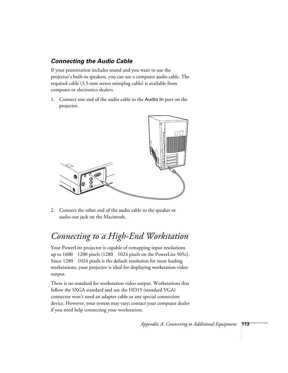 Connecting the audio cable, Connecting to a high-end workstation | Epson 715c User Manual | Page 122 / 141