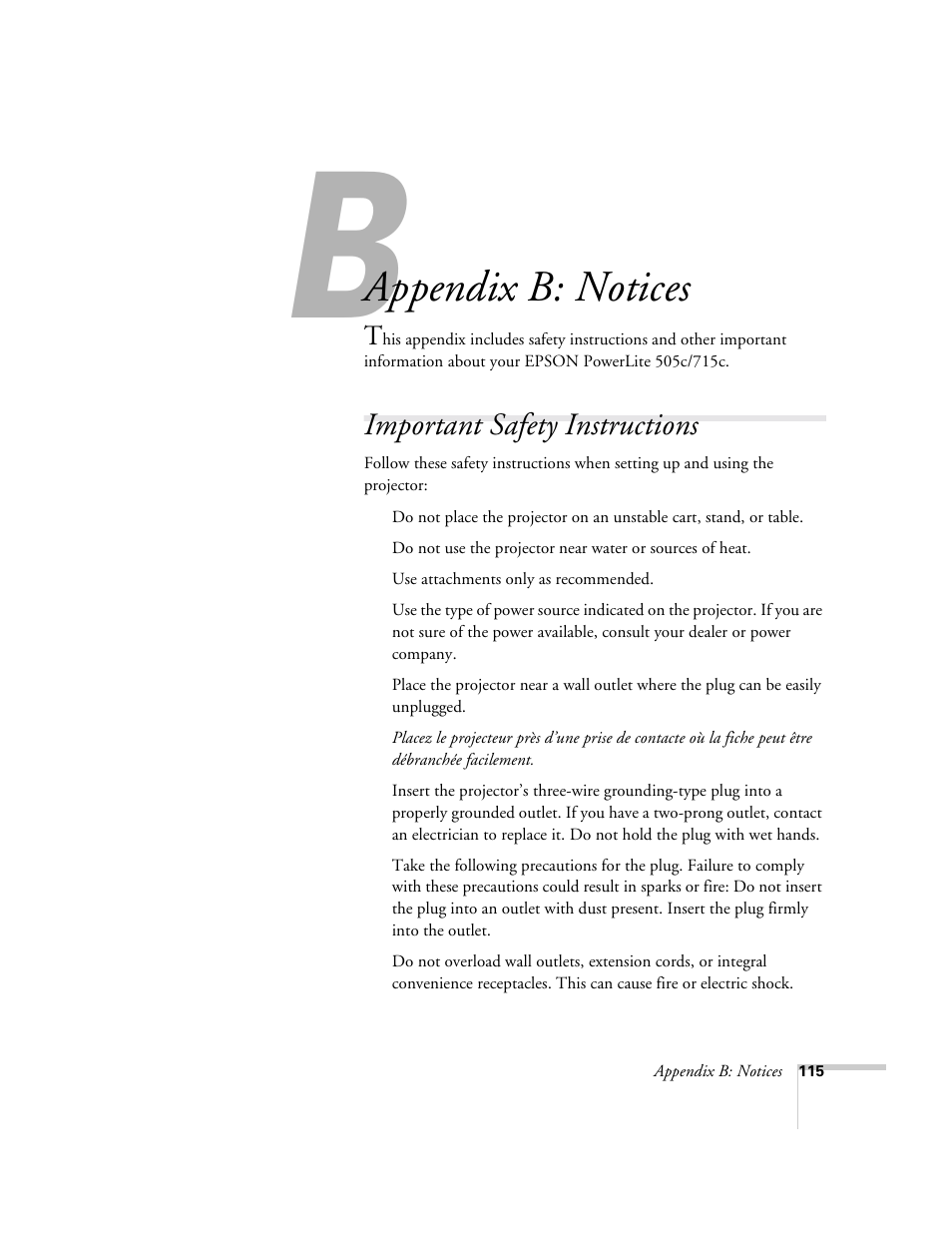 Appendix b: notices, Important safety instructions | Epson 715c User Manual | Page 124 / 141