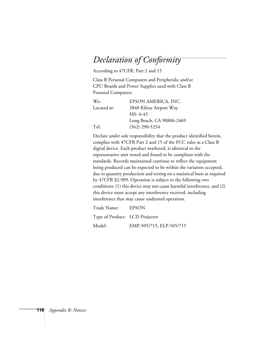 Declaration of conformity | Epson 715c User Manual | Page 127 / 141