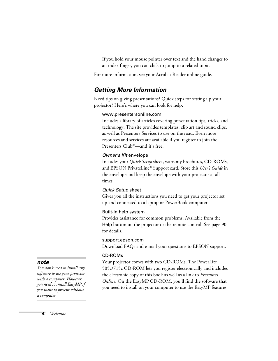 Getting more information | Epson 715c User Manual | Page 13 / 141