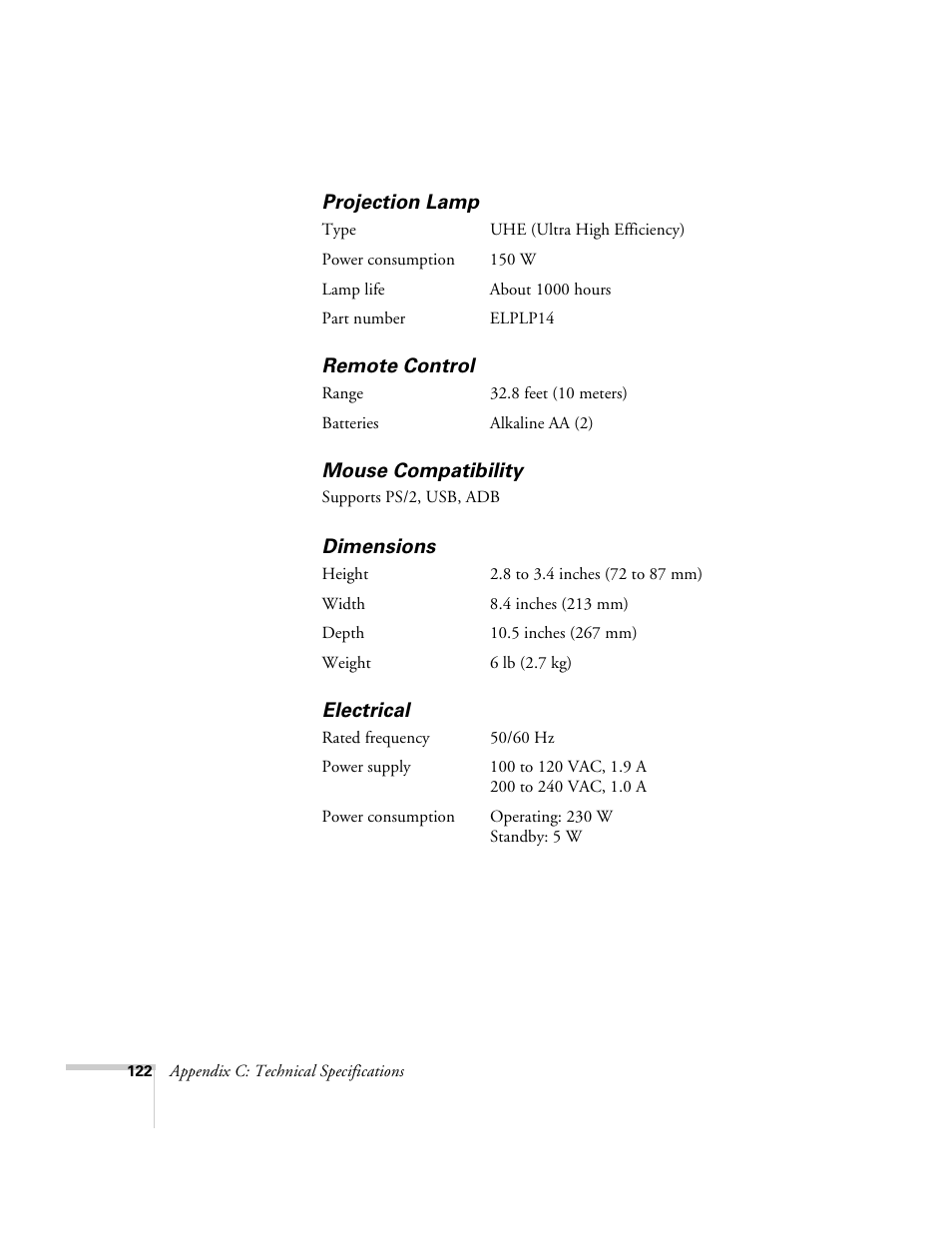 Projection lamp, Remote control, Mouse compatibility | Dimensions, Electrical | Epson 715c User Manual | Page 131 / 141
